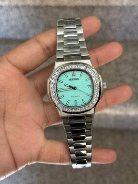 Seiko men’s mod Stainless Steel Automatic Watch in Turquoise diamond bezel
